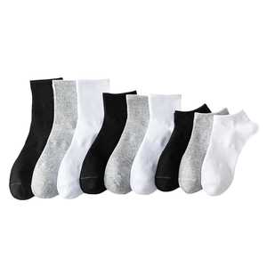 White, grey, and black crew, ankle, and low cut cotton sports socks set in nine pairs