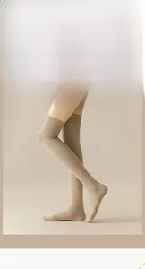 Detail of oatmeal ribbed knit over-knee socks showing texture and slim fit design