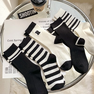 Women Slouch Crew Socks Ribbed Cotton Blend Striped Letter R Embroidery Preppy Academy Style Casual Fashion