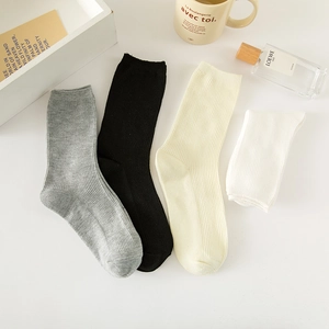 Women Mid Calf Socks Ribbed Cotton Blend Solid Color Slouchy Breathable Minimalist Japanese Style Comfortable Crew Hosiery
