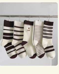 Close-up of five-pair cotton sock set featuring brown stripes and bear embroidery detail