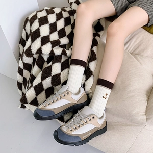 Women's color block platform sneakers with blue and khaki leather and lace-up design