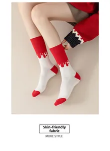 Detail of red and white cotton crew socks featuring unique wavy drip texture and stripes