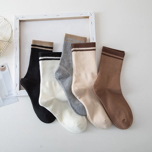 Women Slouch Crew Socks Breathable Cotton Blend Ribbed Knit Striped Cuff Japanese Style Retro Preppy Mid Calf Hosiery