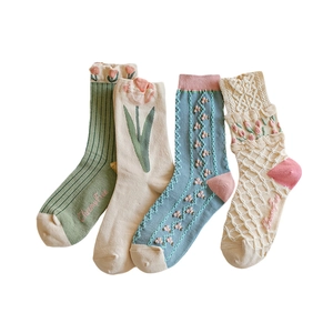 Lot de chaussettes mi-mollet en coton à fleurs tulipes, coloris vert, crème et bleu