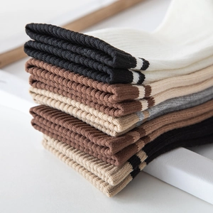 Striped cotton crew socks in earth tones with Japanese rib knit texture for women