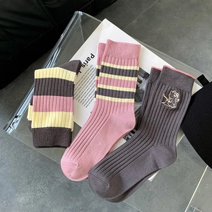 Womens Crew Socks Cotton Blend Striped Cartoon Embroidery Breathable Japanese Style Casual Mid Tube