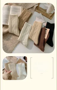 Detail showing cable knit texture and earthy tones of thick wool blend crew socks