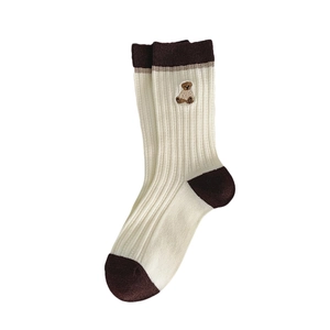 Beige striped crew socks with cute bear embroidery and brown contrast heel and toe
