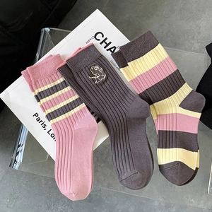 Three-pack cotton mid-calf socks with cute cartoon embroidery and striped rib-knit patterns