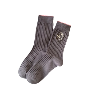 Pink striped cotton socks for women featuring cute cartoon cat embroidery and ribbed texture