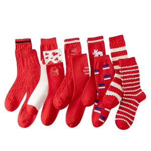 Red cotton crew socks with cartoon rabbit embroidery and classic striped patterns