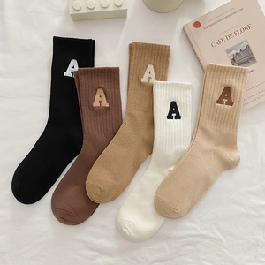 Chaussettes Mi-hautes Femmes Coton Lettre A Brodée Bord Côte Respirant Sport Loisirs Chaussettes