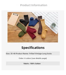 Detail of ruffle cuff vintage cotton socks in multiple retro colors on a wooden surface