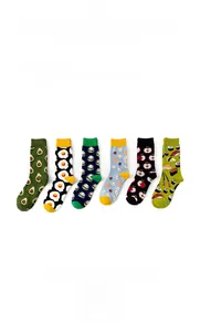 Detail of six-pair cotton crew sock set with avocado, burger and sushi cartoon patterns