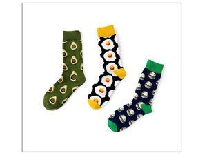 Three pairs of cotton crew socks featuring avocado, fried egg, and burger creative prints