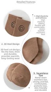 Detailed views of cotton socks showing elastic cuff, 3D heel, and hand-linked toe stitching