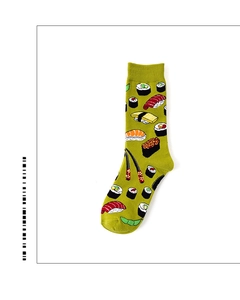 Detail of green mid-calf cotton socks with sushi and edamame patterns and ribbed cuffs
