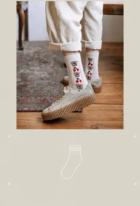 Detail of wool socks with 3D bear embroidery and cherry pattern in vintage mori style