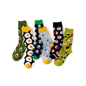 Crew Socks Combed Cotton Cartoon Food Pattern Avocado Egg Sushi Burger Breathable Casual Unisex Mid-Calf Fashion
