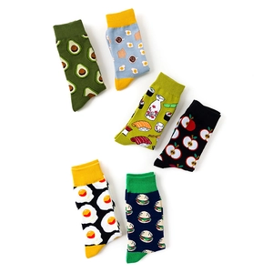 Cotton mid-calf socks set with colorful avocado, sushi, and food patterns for women