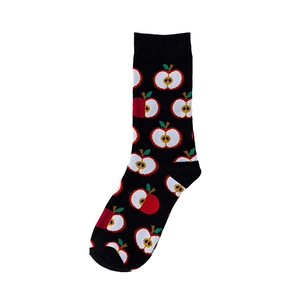 Casual black cotton crew socks featuring vibrant red and white apple patterns