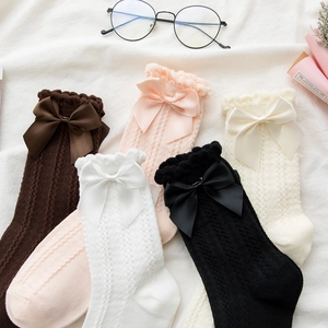 Japanese style ruffle socks with satin bows and cable knit patterns in five colors