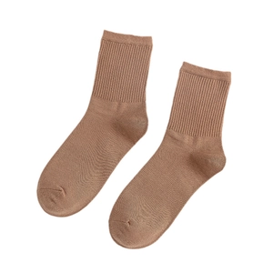 Solid coffee brown crew socks with ribbed cuffs and soft cotton blend fabric