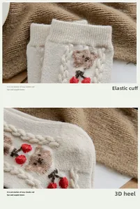 Detail of elastic ribbed cuff and 3D heel on wool socks with teddy bear embroidery