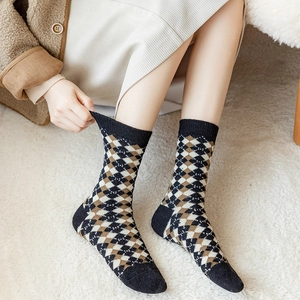 Vintage argyle knit wool socks for women in black and brown warm mid-calf style