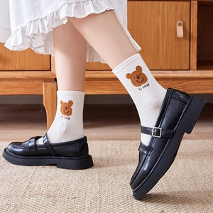 White cotton mid-calf socks with brown bear print and black Mary Jane shoes set