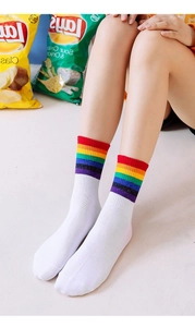 Détail de chaussettes en coton blanc avec des rayures arc-en-ciel vives sur le bord côtelé
