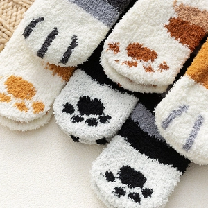 Thick warm coral fleece cat claw socks for women in various cozy patterns and colors