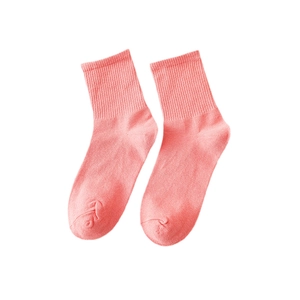 Solid pink mid-calf cotton socks with elastic ribbed cuffs and reinforced toe structure