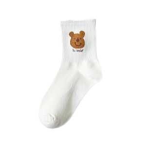 White Japanese college style cotton mid-tube socks with brown bear embroidery and hi bear text