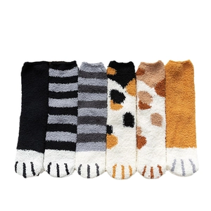 Set of 6 pairs of fuzzy coral fleece socks with cute cat paw embroidery patterns