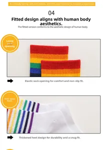 Détail du bord élastique et du talon renforcé des chaussettes en coton à rayures arc-en-ciel