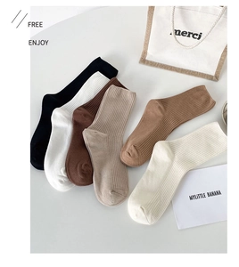Flat lay of six pairs of ribbed mid-calf cotton socks in neutral earth tones