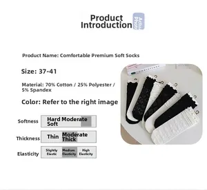 Detail view of lace pattern crew socks with material specs in black and white colors
