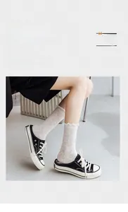 Close-up of white lace crew socks with floral texture and wavy edges in canvas sandals