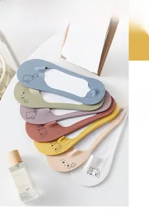Detail of colorful ice silk no-show socks with cute cartoon prints and seamless design