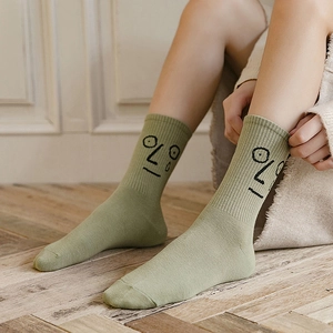 Mid-calf green cotton socks with abstract expression pattern for women and men