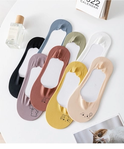 Detail of colorful ice silk invisible socks with cute cartoon embroidery for summer