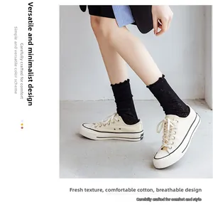 Detail of black cotton mesh socks featuring lace edges and breathable hollow texture