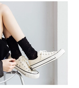 Detail of black lace ruffle socks paired with off-white canvas sneakers on metal chair