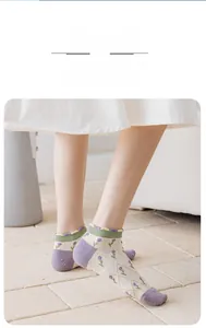 Detail of sweet cotton ankle socks with purple floral patterns and ruffled edges