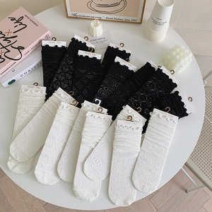 Women Slouch Socks Lace Mesh Cotton Breathable Hollow Out Ruffle Cuff Lolita JK Style Retro Flowers Pattern Mid Calf