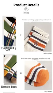 Close-up of elastic ribbed cuff and striped embroidery on cotton crew socks