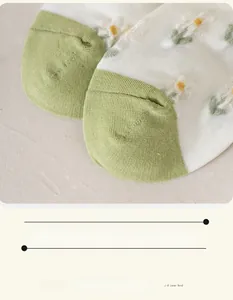 Close-up of flat seamless toe stitching on green floral cotton invisible ankle socks