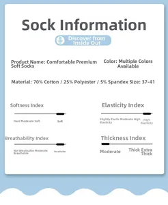 Detailed size and material chart for cotton blend sport socks with 70% cotton and high elasticity